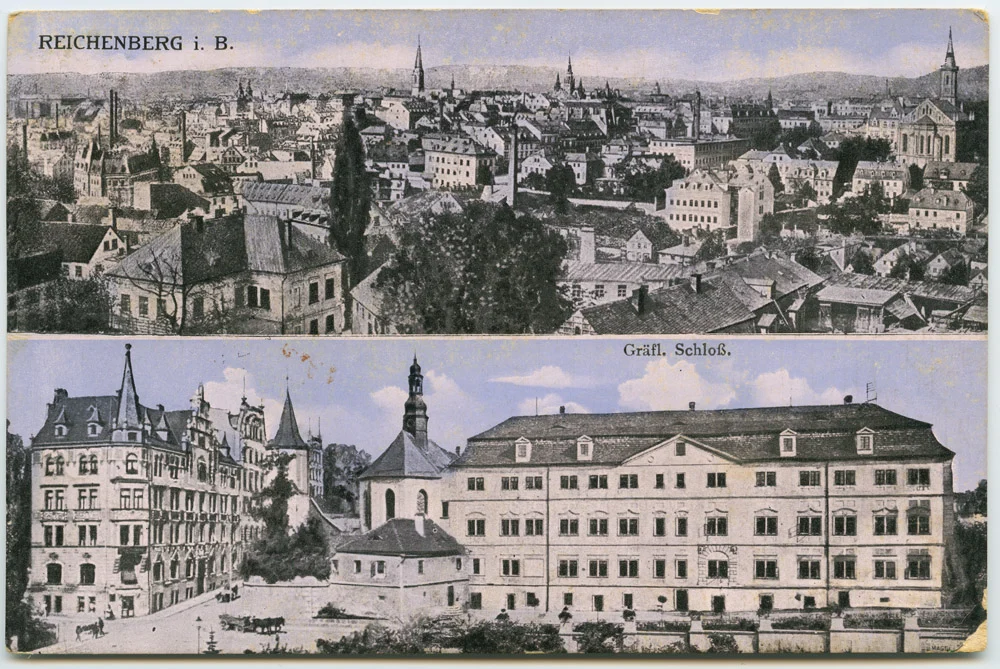 Náhledový obrázek předmětu Liberec - kvodlibet. jednobar. do r. 1918: celek - Kristiánov, zámek ´Reichenberg i. B. // Gräfl. Schloß.´