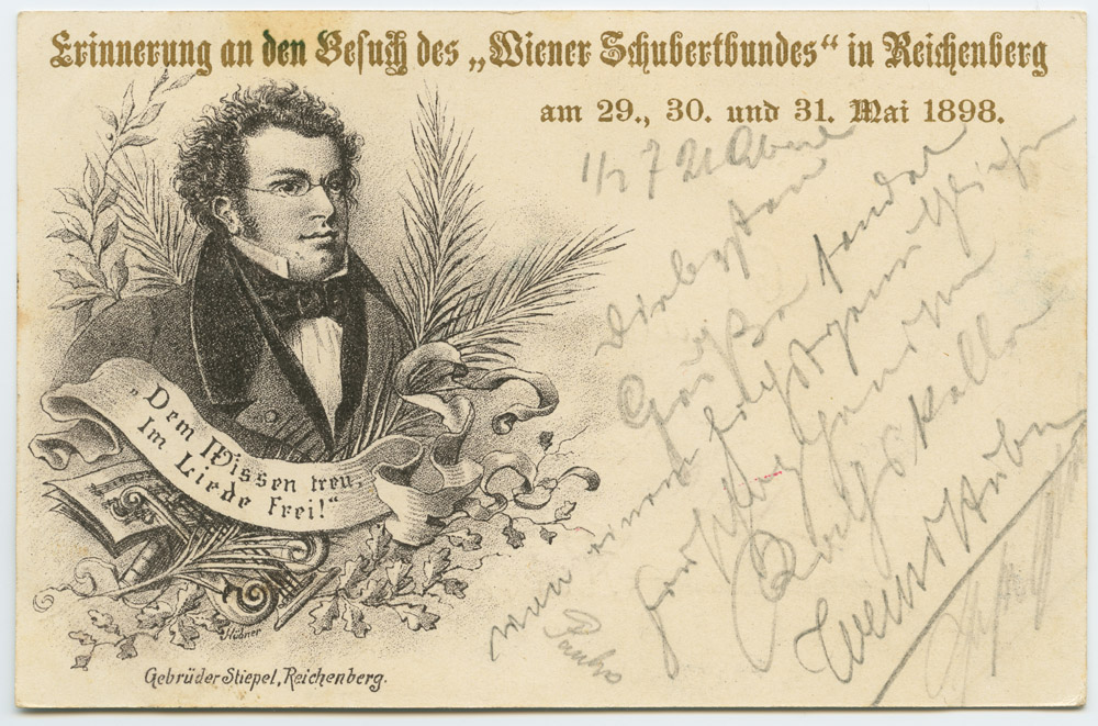 Náhledový obrázek Liberec - kvodlibet. jednobar. do r. 1918: vystoupení Wiener Schubertbundes v Liberci ´Erinnerung an sen Besuch des "Wiener Schubertbundes" in Reichenberg am 29., 30. und 31. Mai 1898.´ - 1