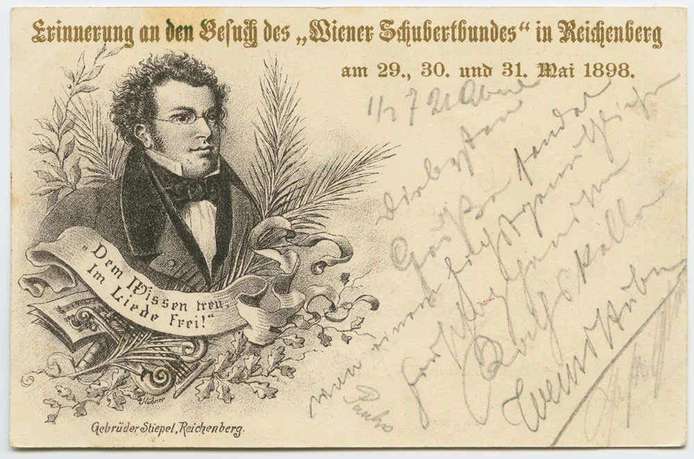 Náhledový obrázek předmětu Liberec - kvodlibet. jednobar. do r. 1918: vystoupení Wiener Schubertbundes v Liberci ´Erinnerung an sen Besuch des "Wiener Schubertbundes" in Reichenberg am 29., 30. und 31. Mai 1898.´