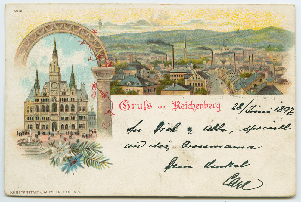 Náhledový obrázek Liberec - kvodlibetové do 1918 bar. litografie - celek, radnice ´Gruss aus Reichenberg´ - 1