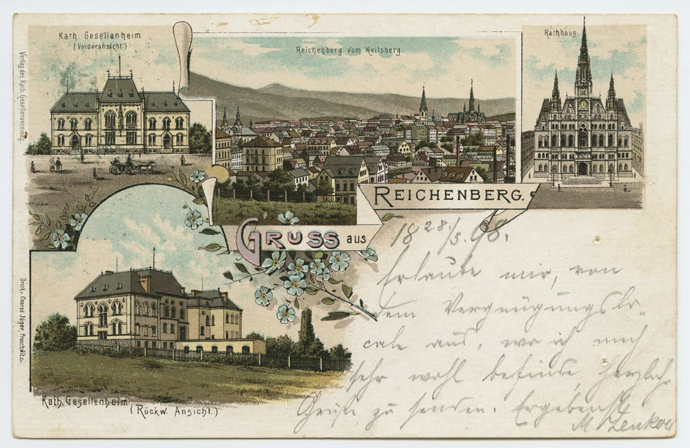 Náhledový obrázek předmětu Liberec - kvodlibetové do 1918 bar. litografie - celek, domov mládeže, radnice ´Gruss aus Reichenberg. Kath. Gesellenheim. Reichenberg vom Keilsberg. Rathaus.´