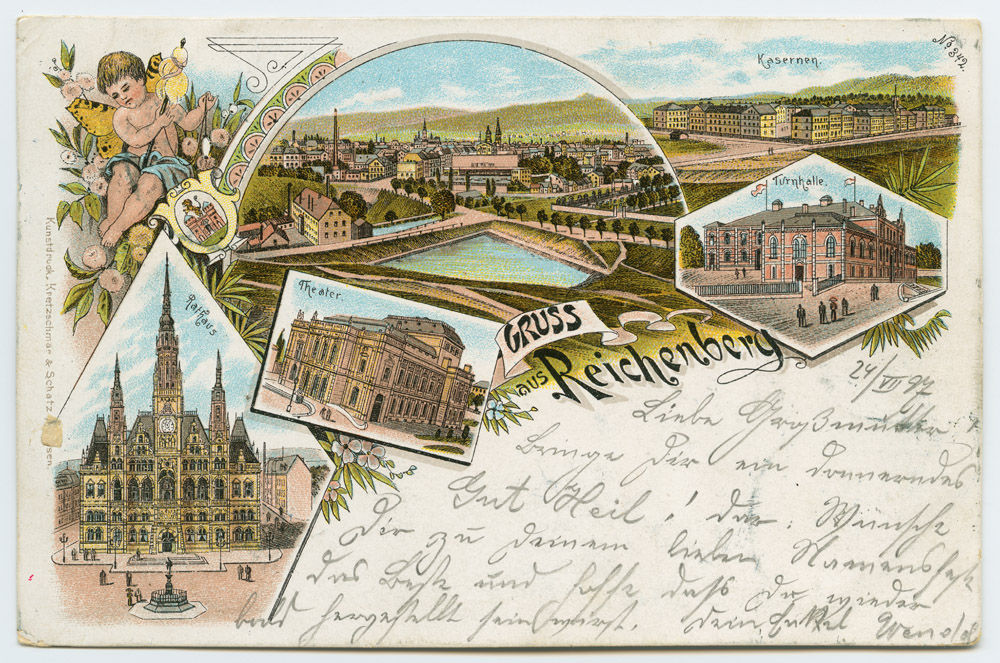 Náhledový obrázek Liberec - kvodlibetové do 1918 bar. litografie - Scjinderfabrik, kasárna, radnice, divadlo, tělocvična ´Gruss aus Reichenberg // Rathaus. Theater. Kasernen. Turnhalle.´ - 1