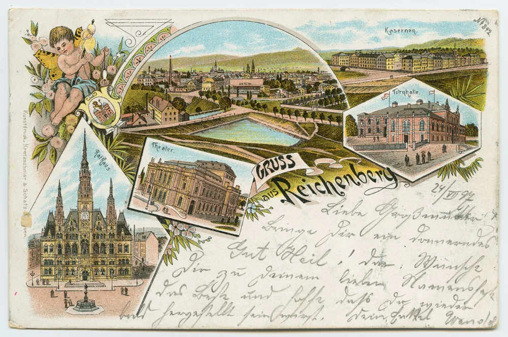 Náhledový obrázek předmětu Liberec - kvodlibetové do 1918 bar. litografie - Scjinderfabrik, kasárna, radnice, divadlo, tělocvična ´Gruss aus Reichenberg // Rathaus. Theater. Kasernen. Turnhalle.´