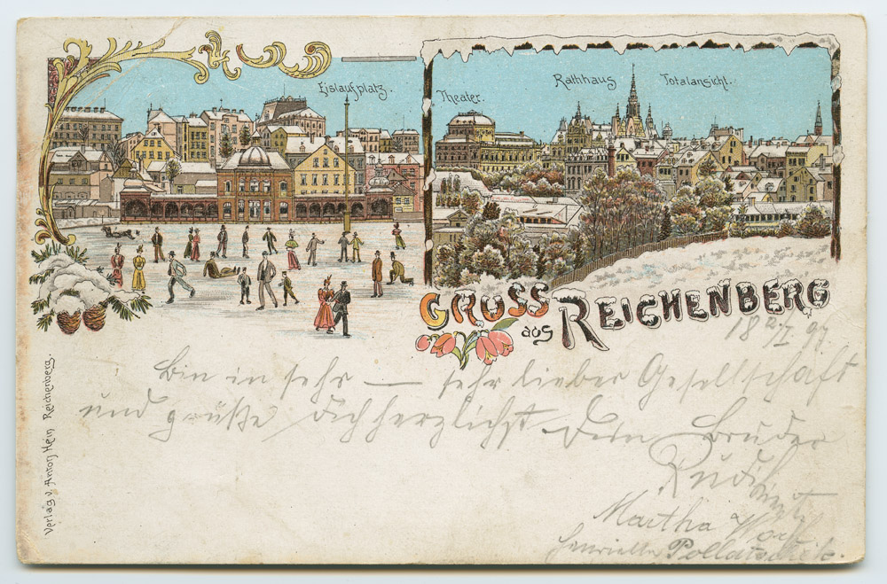 Náhledový obrázek Liberec - kvodlibetové do 1918 bar. litografie - celek, kluziště v Chrastavské ´Gruss aus Reichenberg // Eislaufplatz. Totalansicht.´ - 1