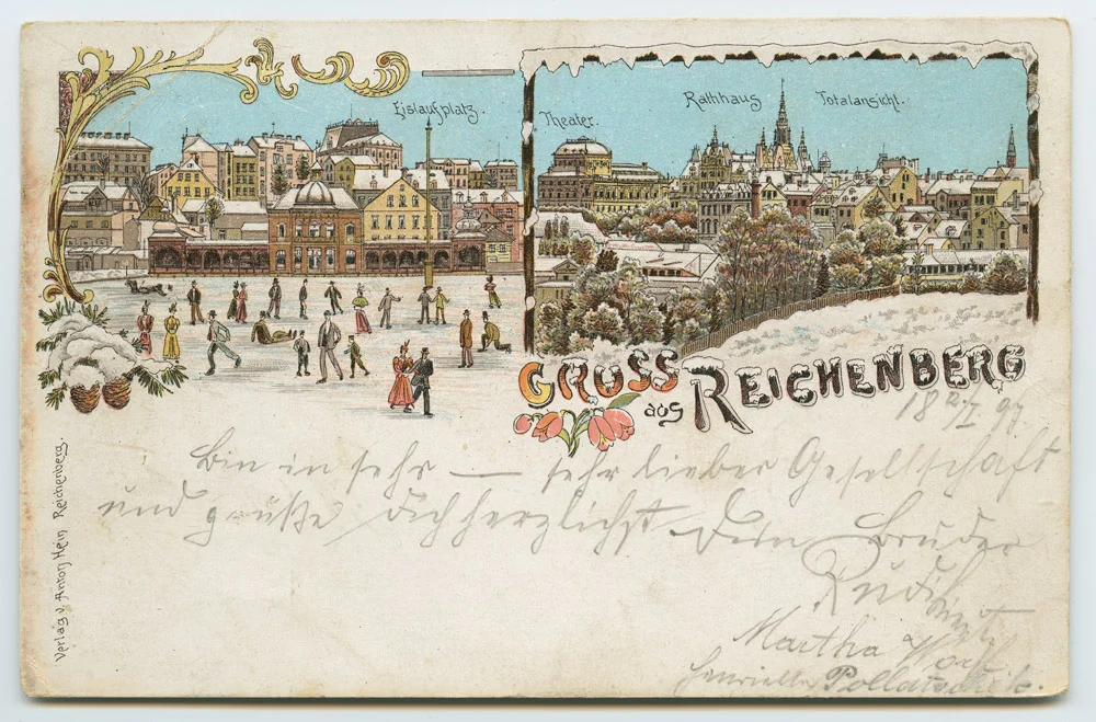 Náhledový obrázek předmětu Liberec - kvodlibetové do 1918 bar. litografie - celek, kluziště v Chrastavské ´Gruss aus Reichenberg // Eislaufplatz. Totalansicht.´