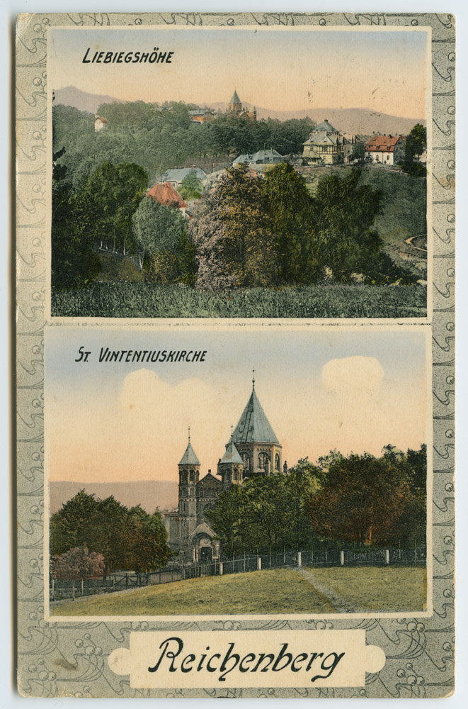 Náhledový obrázek Liberec - kvodlibetové do 1918 bar. litografie - Perštýn, kostel sv. Vincence z Pauly ´Reichenberg // Liebiegshöhe // St. Vintentiuskirche´ - 1