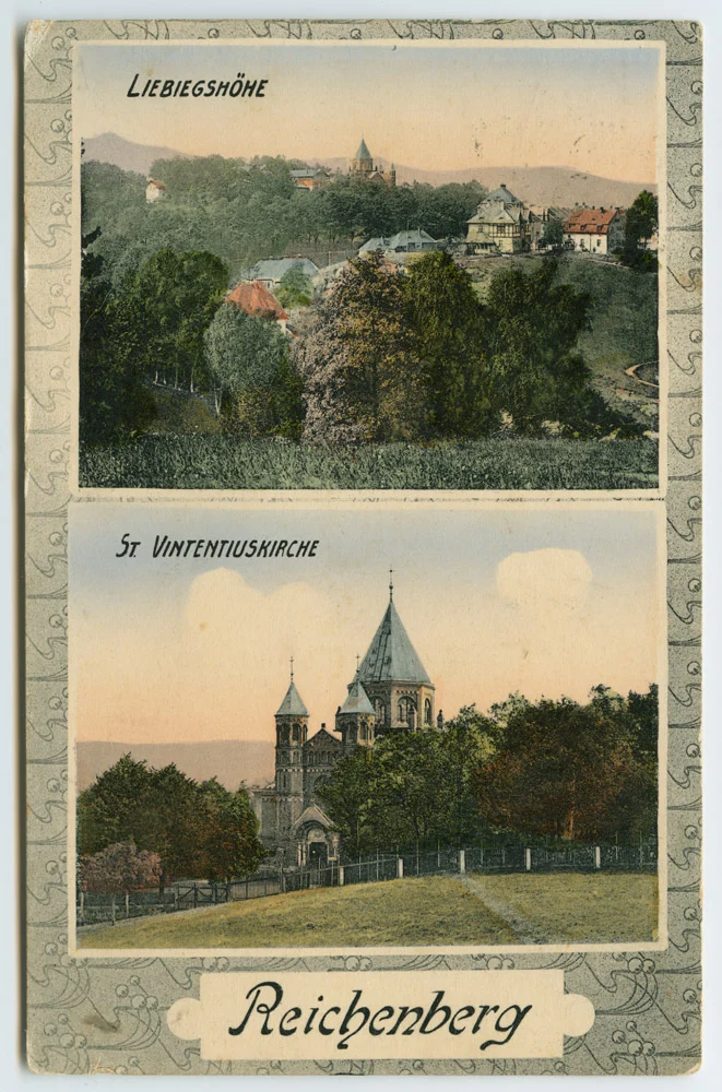 Náhledový obrázek předmětu Liberec - kvodlibetové do 1918 bar. litografie - Perštýn, kostel sv. Vincence z Pauly ´Reichenberg // Liebiegshöhe // St. Vintentiuskirche´