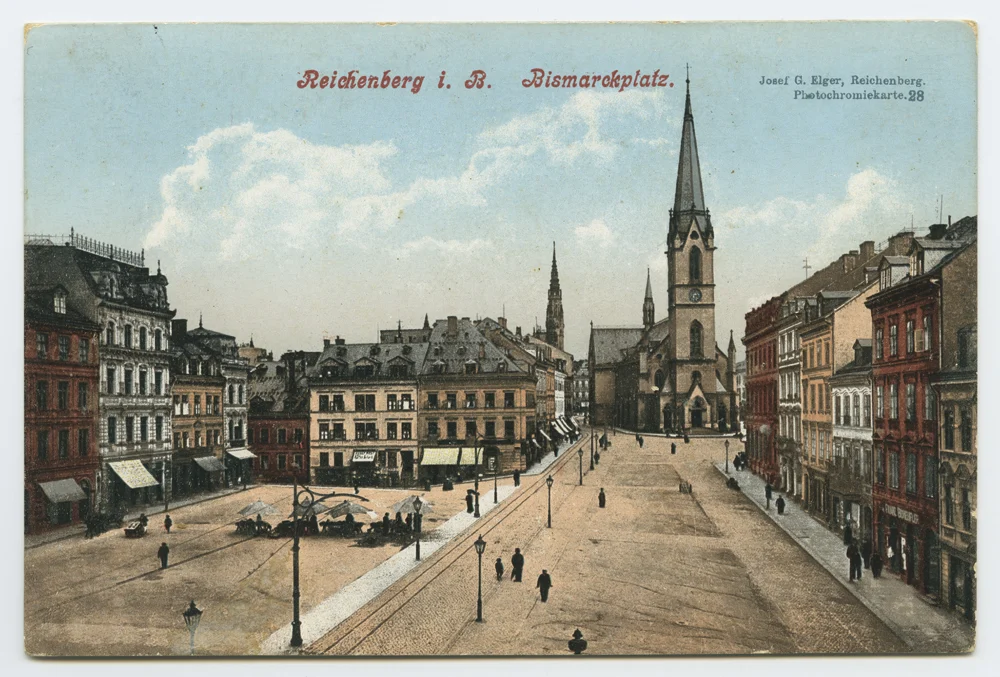 Náhledový obrázek předmětu Liberec - Sokolovské náměstí s arciděkanským kostelem ´Reichenberg i. B. Bismarckplatz.´
