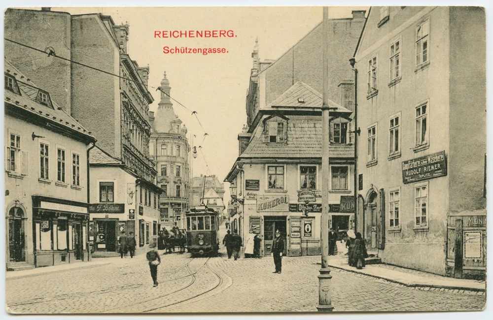 Náhledový obrázek předmětu Střelecká ulice, tramvaj ´REICHENBERG. Schützengasse.´