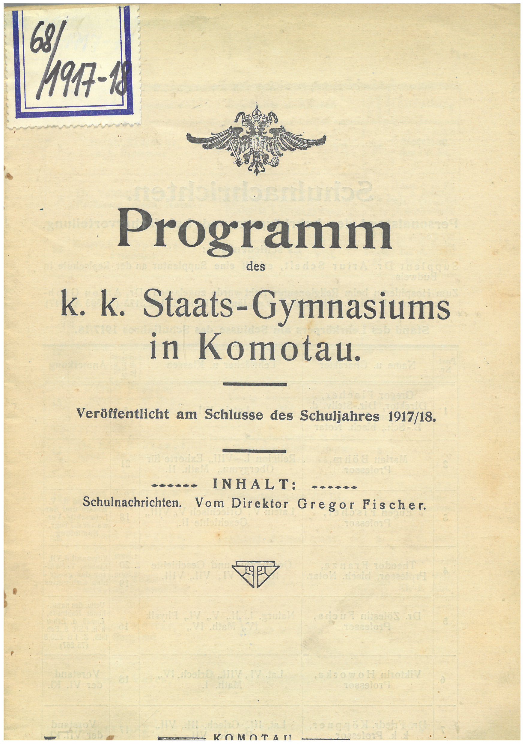 Náhledový obrázek sešit Programm des k. k. Staats - Gymnasiums in Komotau 1917/18 - 1
