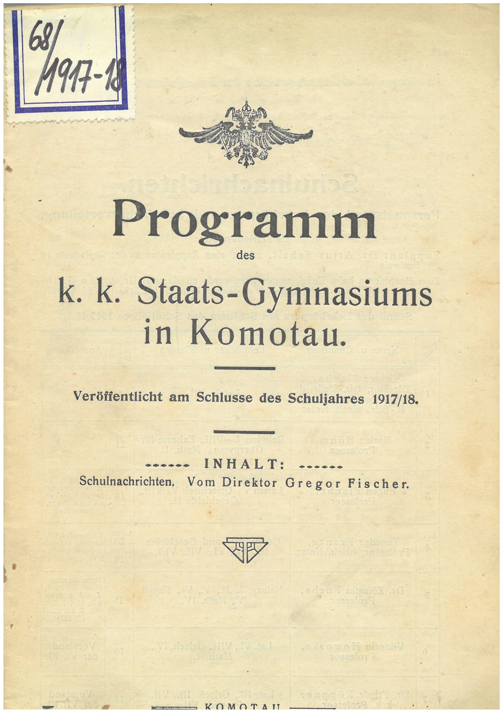 Náhledový obrázek předmětu sešit Programm des k. k. Staats - Gymnasiums in Komotau 1917/18