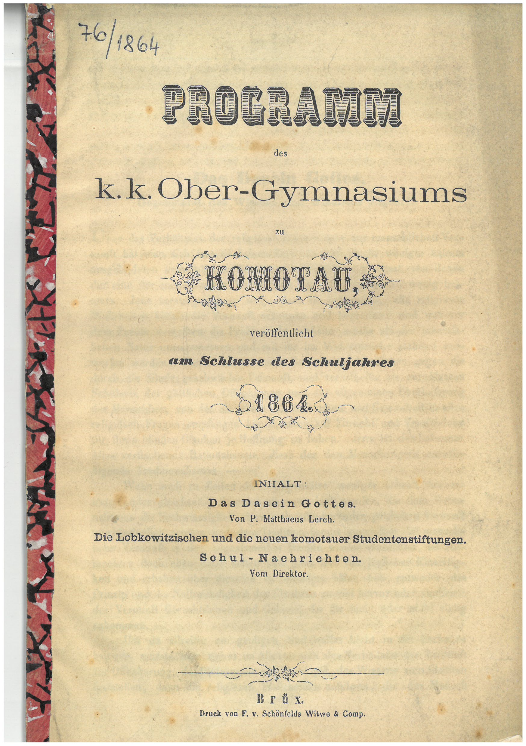 Náhledový obrázek sešit Programm des Communal Obergymnasiums zu Komotau 1864 - 1