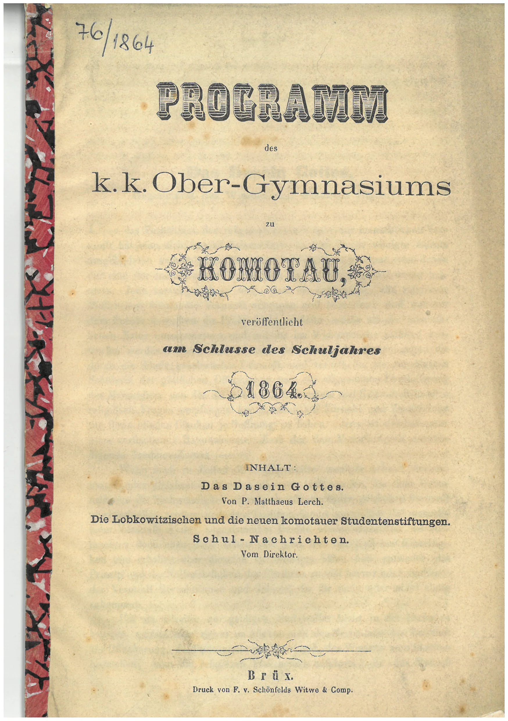 Náhledový obrázek předmětu sešit Programm des Communal Obergymnasiums zu Komotau 1864