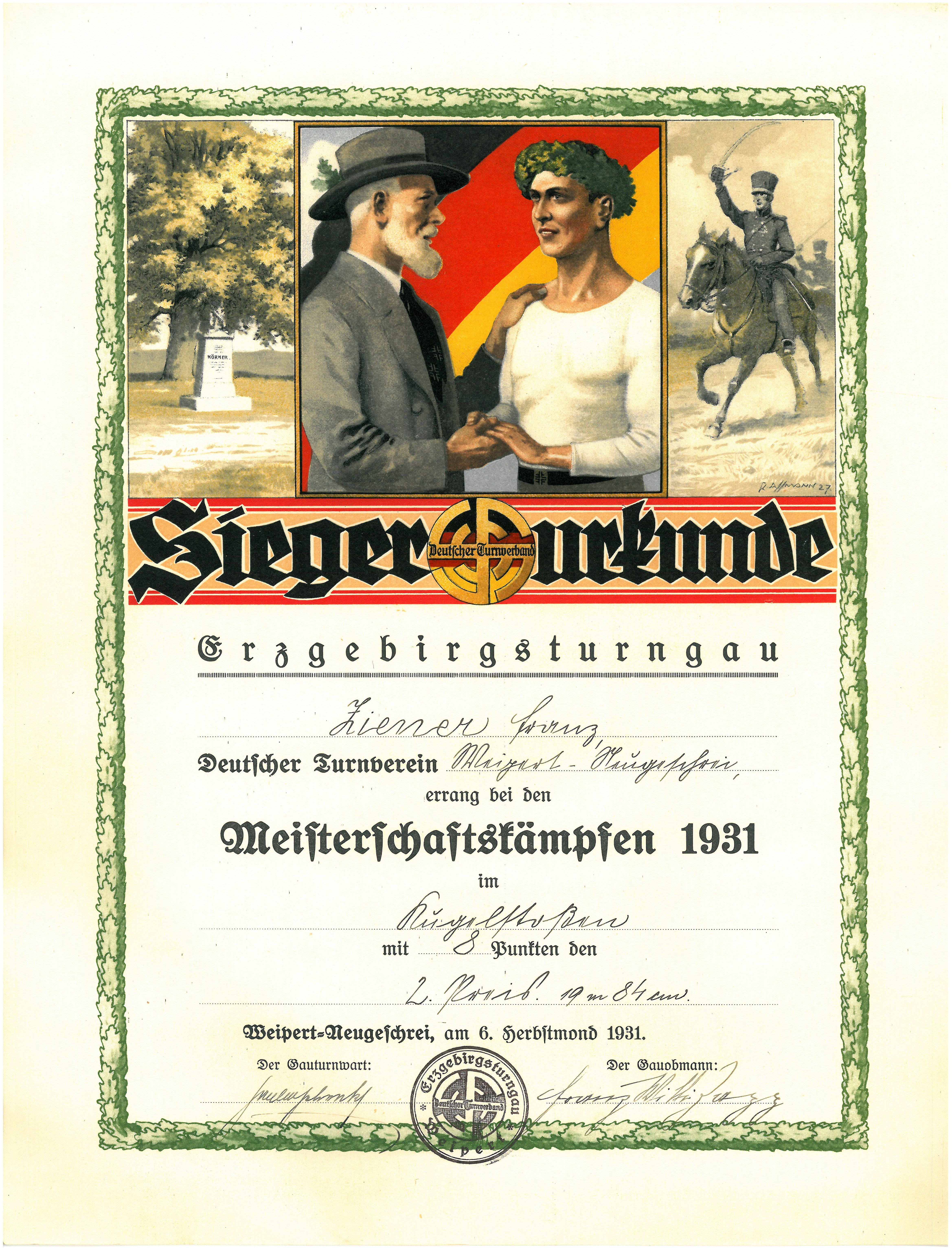 Náhledový obrázek Diplom - Siegerurkunde, Deutscher Turnverband, Erzgebirgsturngau /Německý tělocvičný svaz turnérský - 1