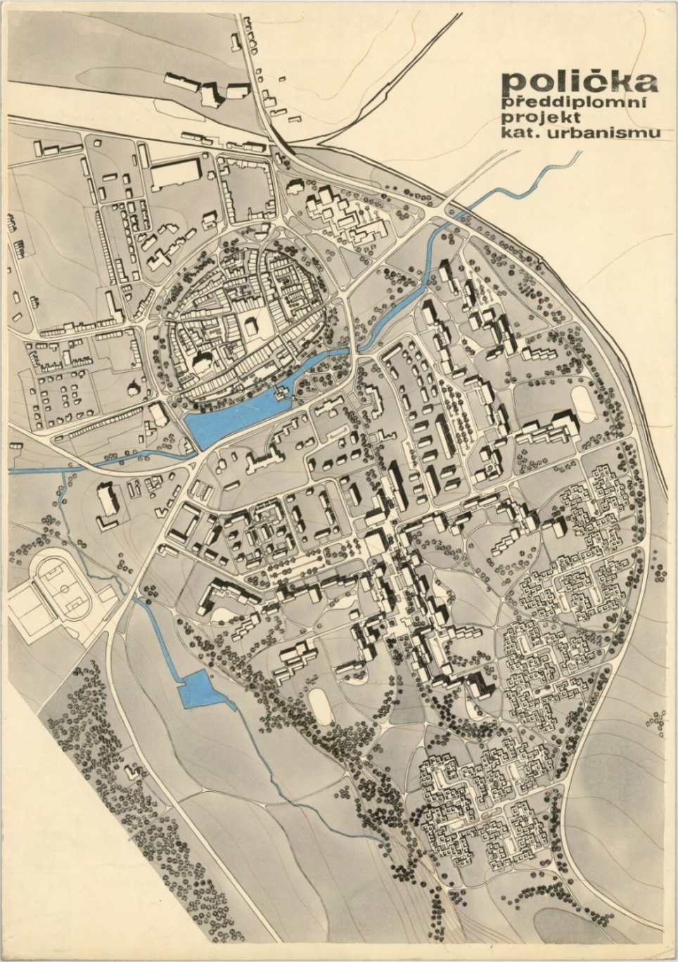 Náhledový obrázek Polička - předdiplomní projekt na katedře urbanismu - plán - 1