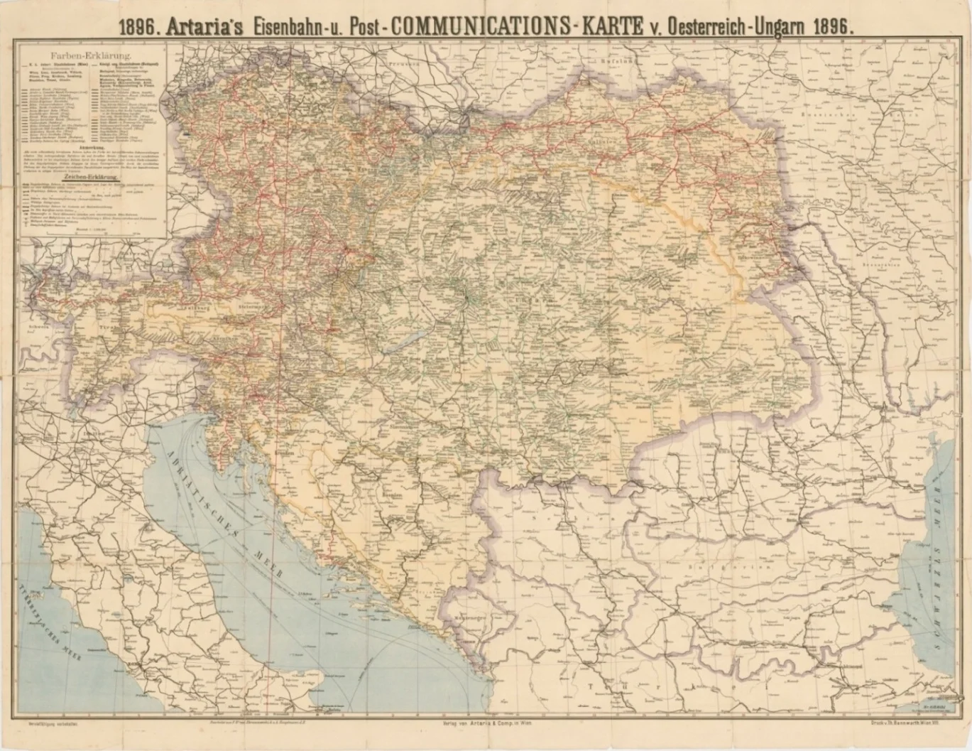 Obrázek Mapa železniční a poštovní sítě Rakousko-Uherska - mapa