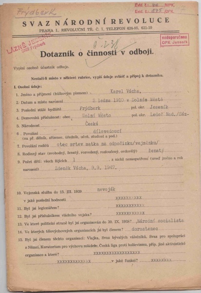 Náhledový obrázek Dotazník o odbojové činnosti - 1