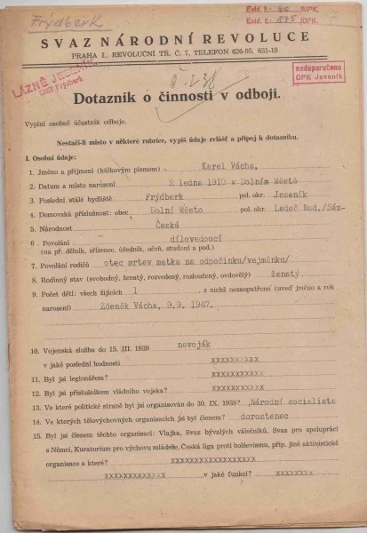 Obrázek Dotazník o odbojové činnosti