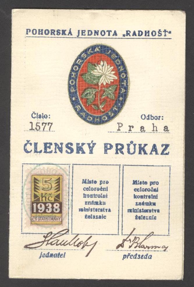 Náhledový obrázek Pohorská jednota "Radhošť". Členský průkaz - 1