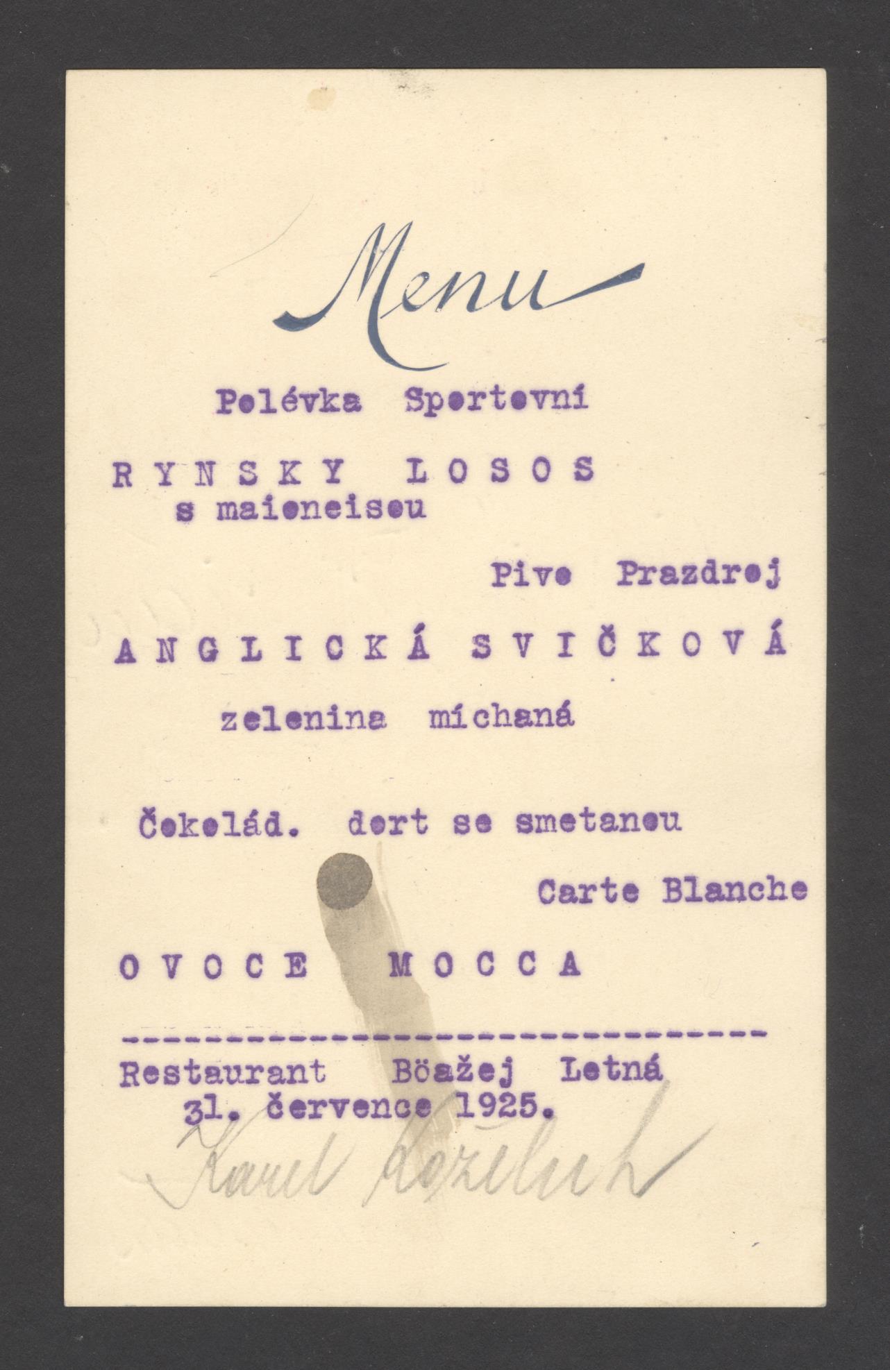 Náhledový obrázek Slavnostní menu pro Karla Koželuha na oslavu jeho vítězství v Deauville - 1