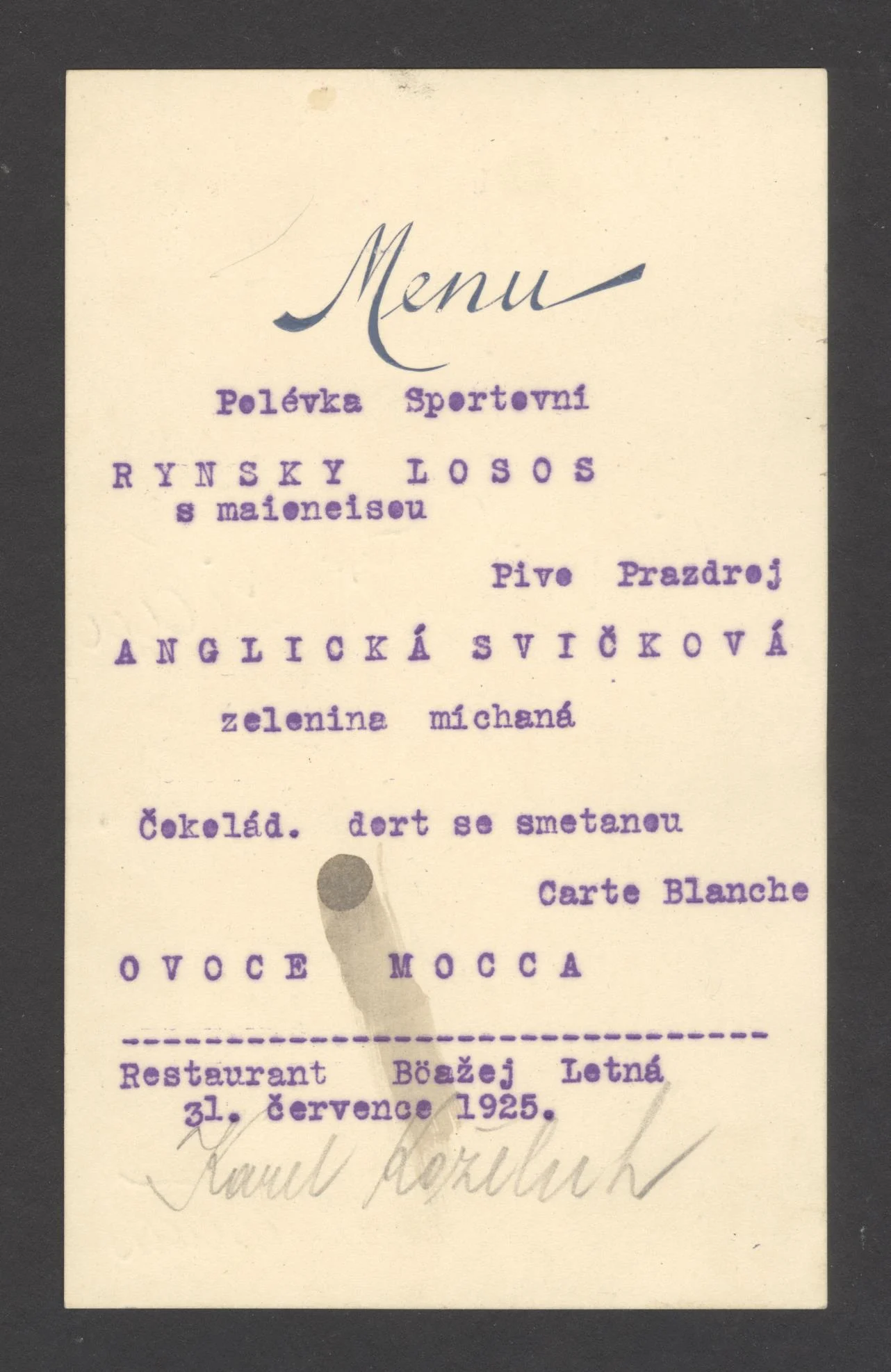 Obrázek Slavnostní menu pro Karla Koželuha na oslavu jeho vítězství v Deauville