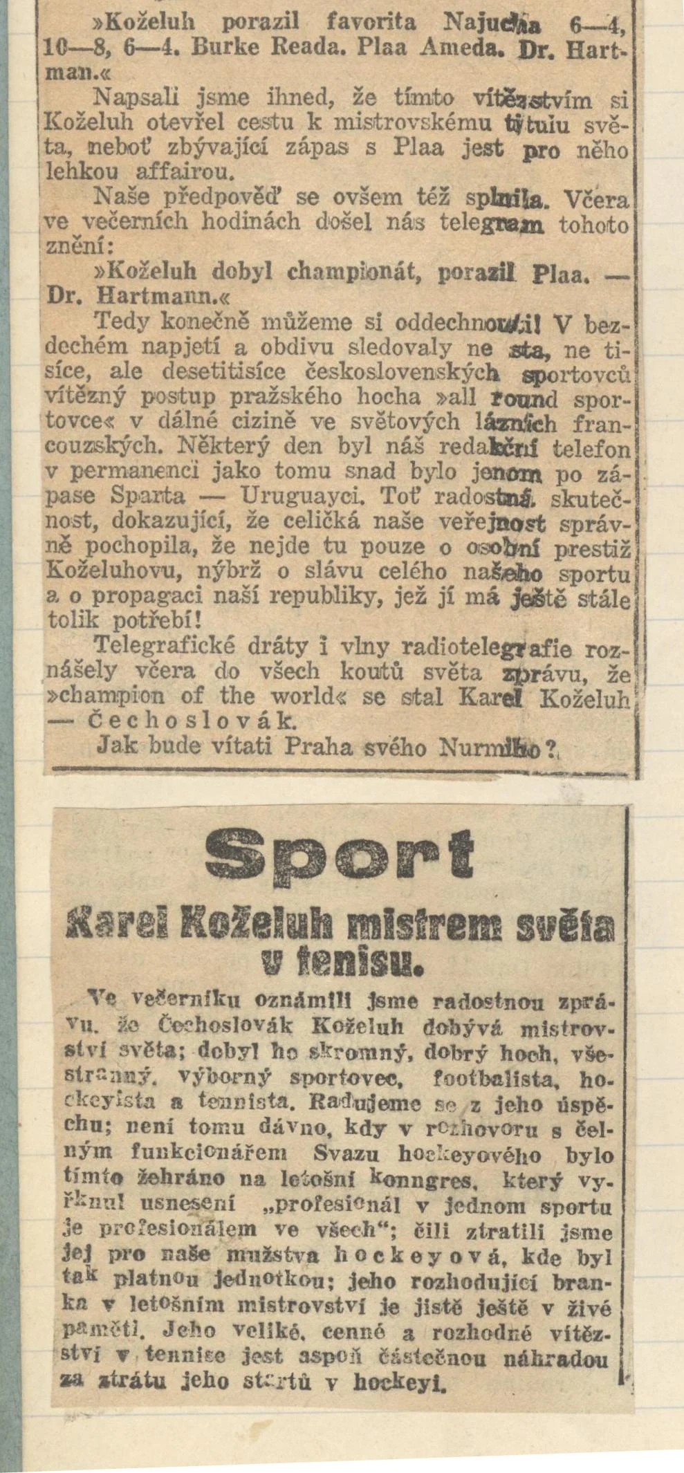 Náhledový obrázek předmětu Karel Koželuh mistrem světa v tenisu