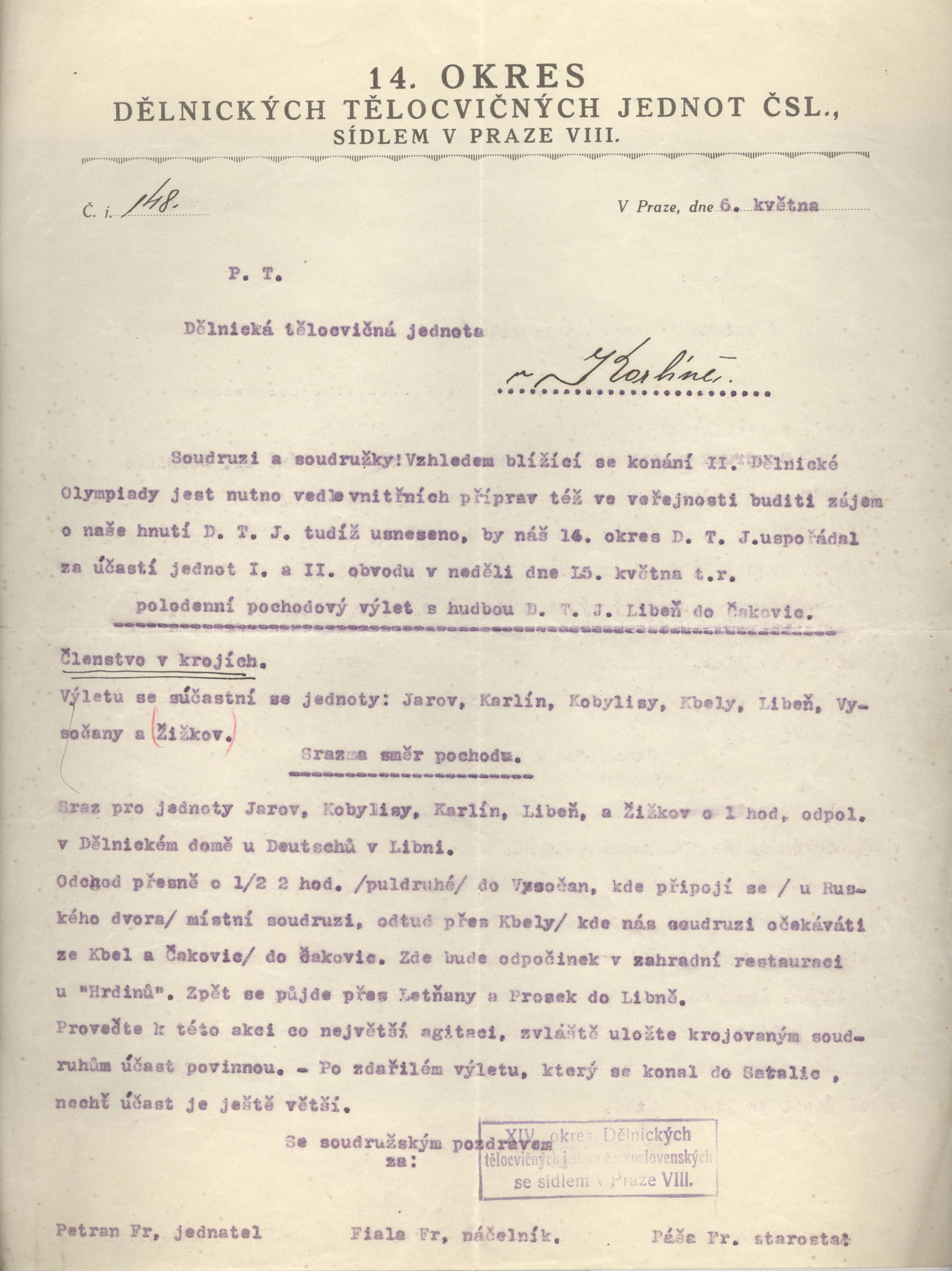 Náhledový obrázek Usnesení XIV. okresu DTJ o uspořádání polodenního pochodového výletu - 1