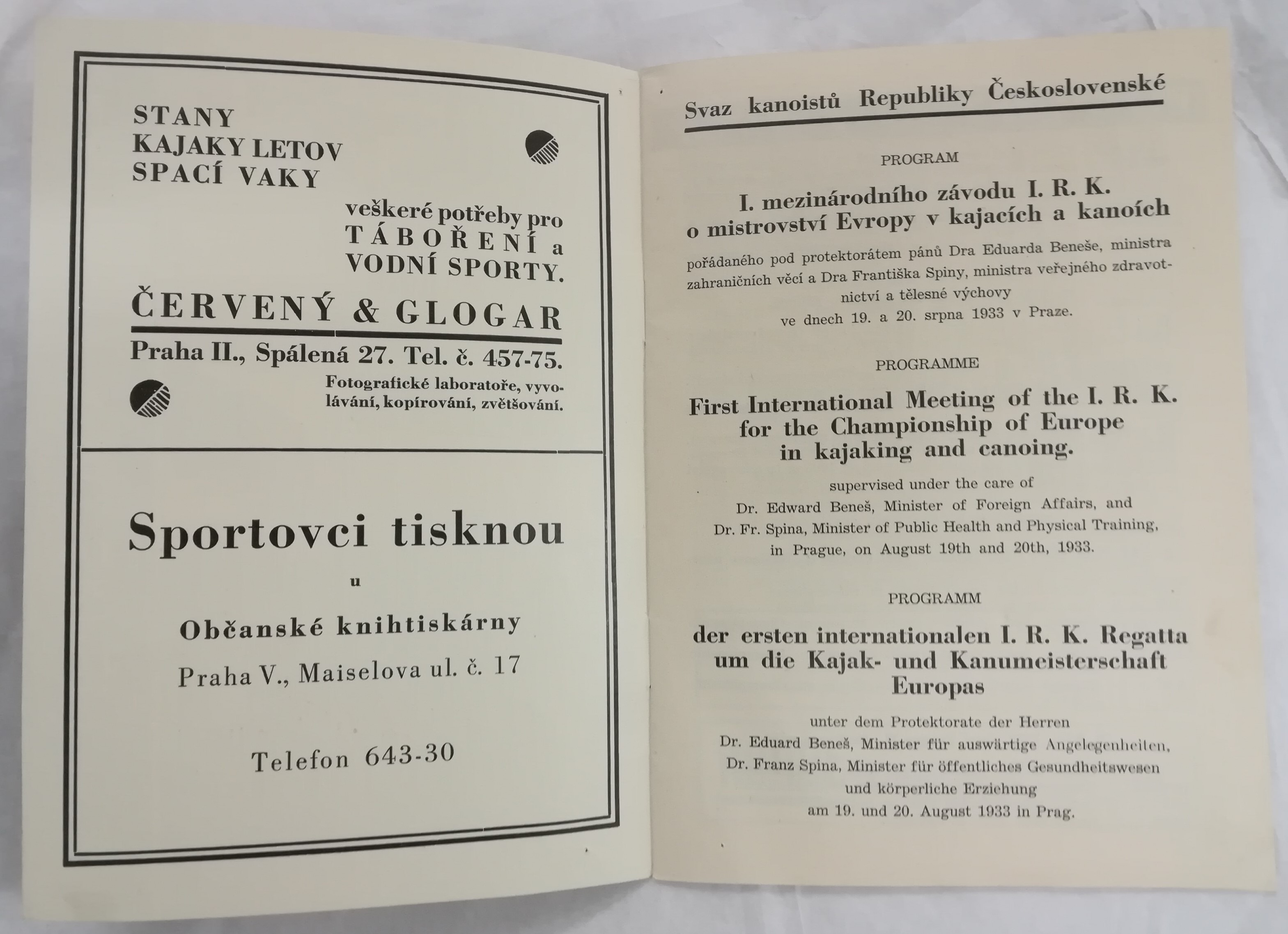 Náhledový obrázek První mistrovství Evropy v kajaku a kanoi. Praha 1933 - 2