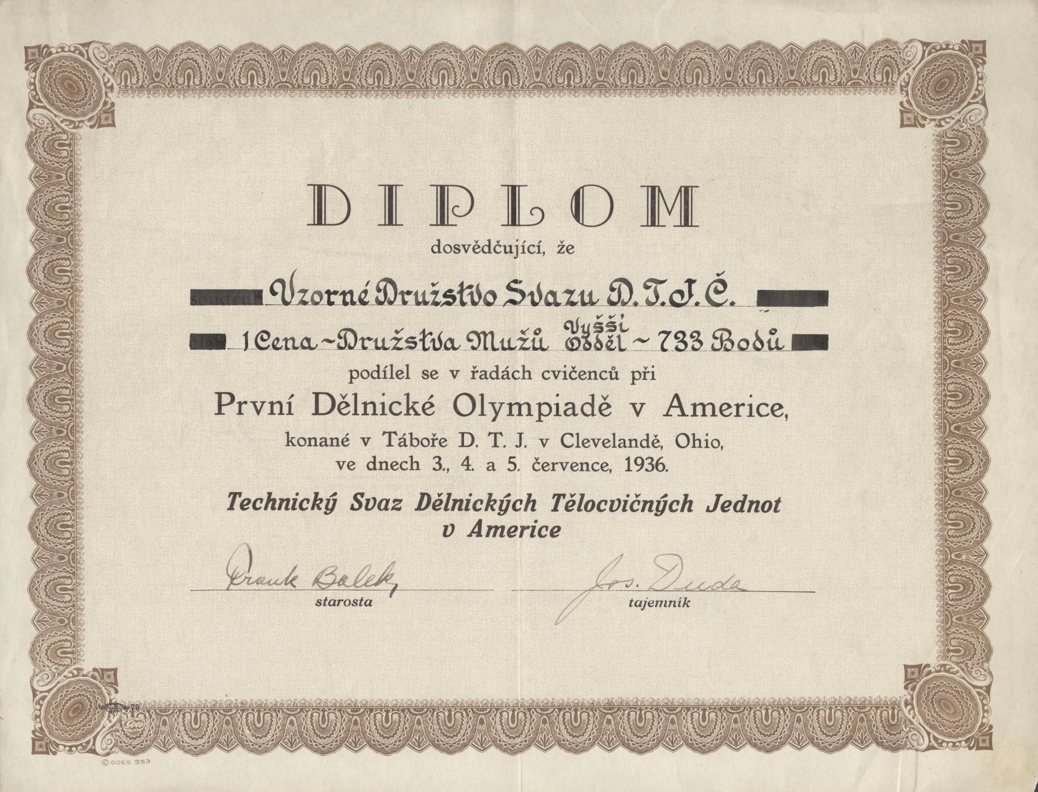 Náhledový obrázek Diplom pro vzorné družstvo Svazu DTJČ na První dělnické olympiádě v Americe - 1