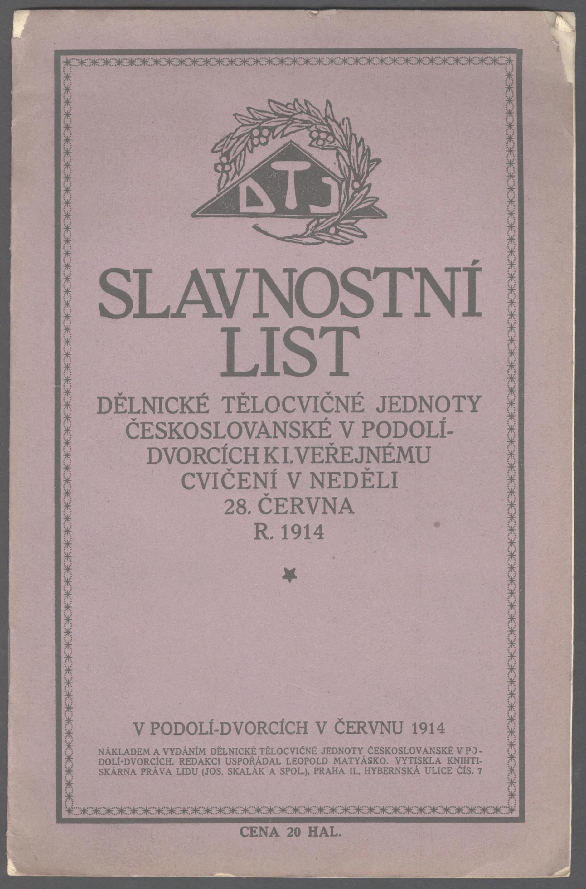 Náhledový obrázek Slavnostní list DTJ v Podolí - Dvorcích k I. veřejnému cvičení v neděli 28. 6. 1914 - 1