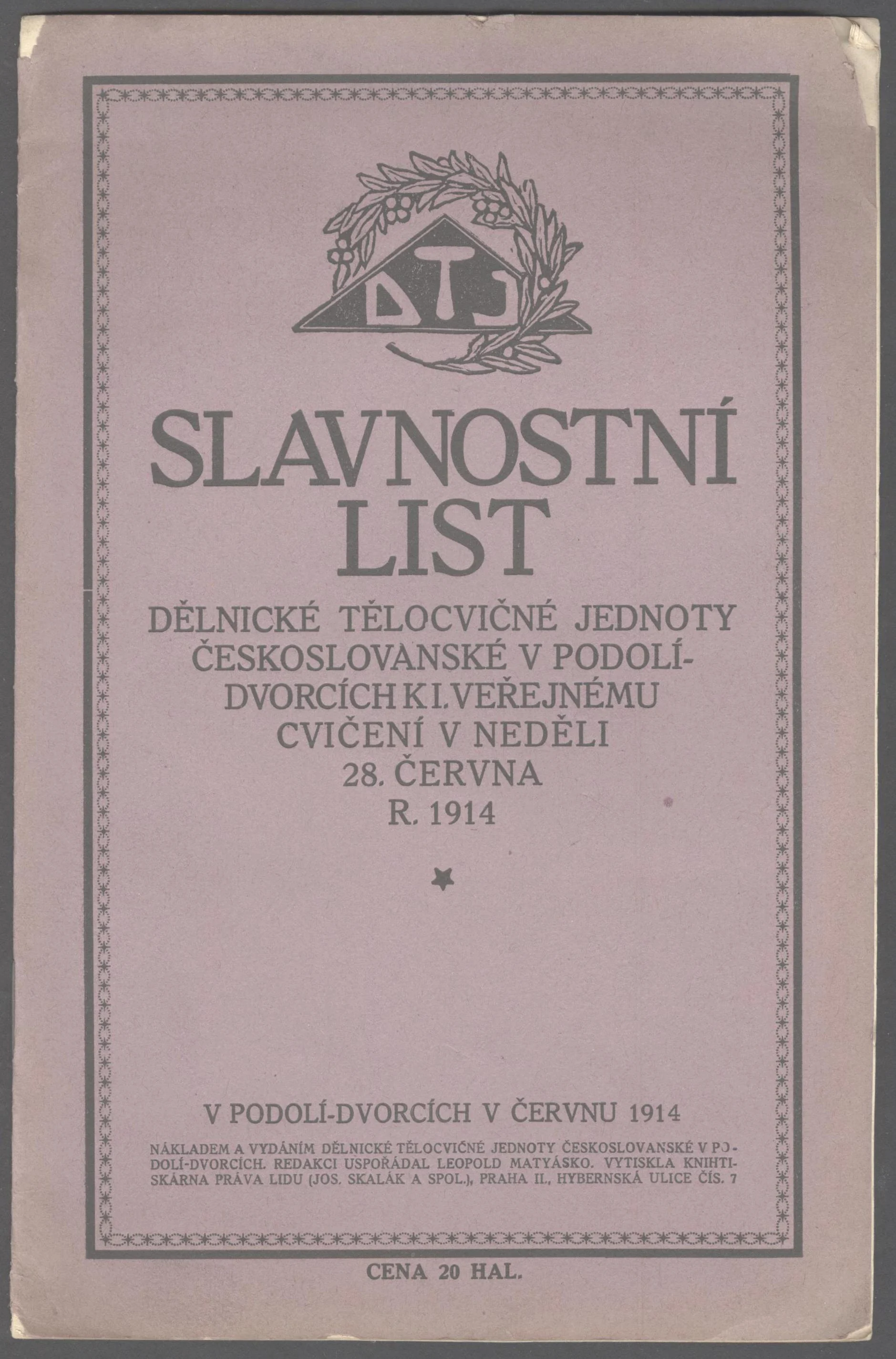 Obrázek Slavnostní list DTJ v Podolí - Dvorcích k I. veřejnému cvičení v neděli 28. 6. 1914