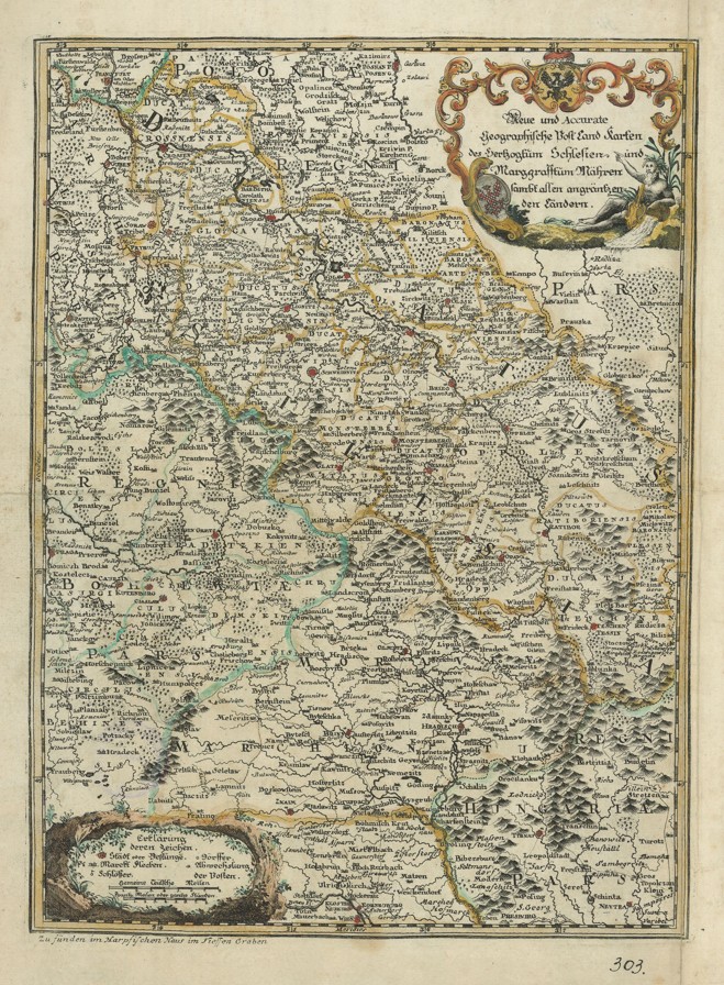 Náhledový obrázek Poštovní mapa - Neue und Accurate Geographische Post-Land Karte des Herzogtum Schlesien und Markgraftum Maehren sambt allen angräntzenden Ländern - 1