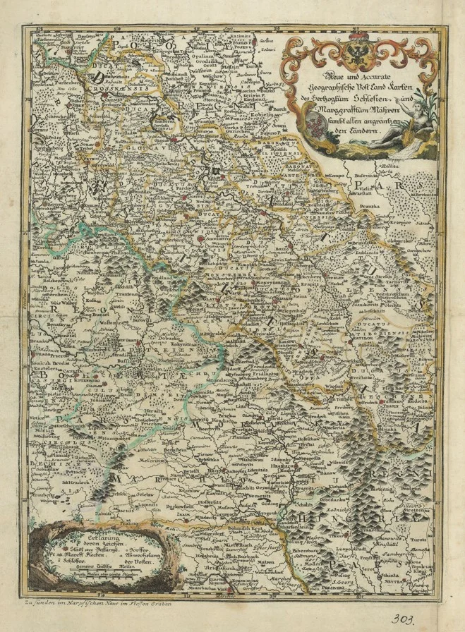 Náhledový obrázek předmětu Poštovní mapa - Neue und Accurate Geographische Post-Land Karte des Herzogtum Schlesien und Markgraftum Maehren sambt allen angräntzenden Ländern