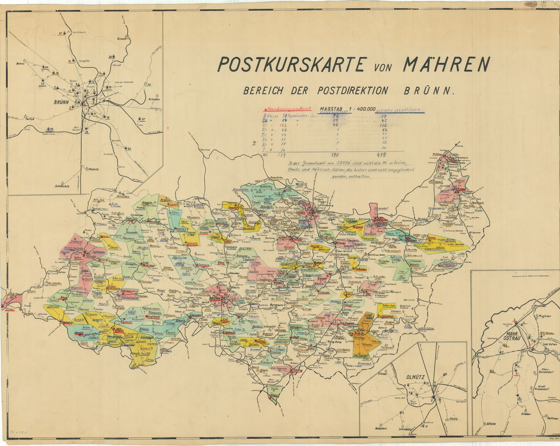 Náhledový obrázek Poštovní kursovní mapa Moravy - 1
