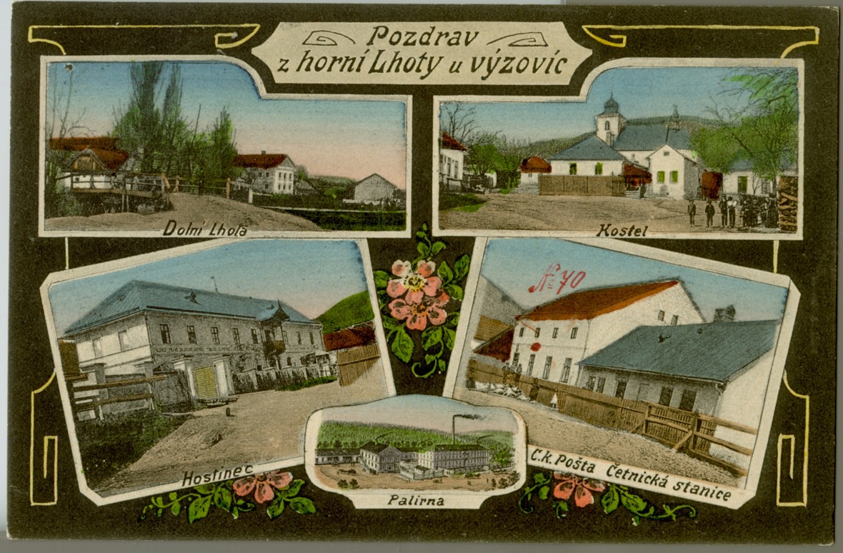 Náhledový obrázek Kolorovaná pohlednice obce s vyznačením c. k. poštovní stanice - 1