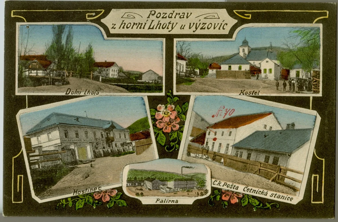 Náhledový obrázek předmětu Kolorovaná pohlednice obce s vyznačením c. k. poštovní stanice