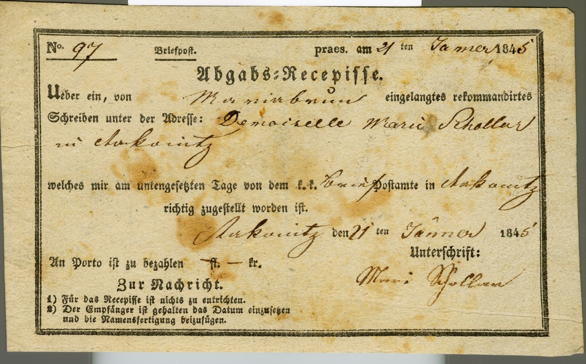 Náhledový obrázek Dodací lístek na doporučený dopis ze Strakonic do Mariabrunnu - 1