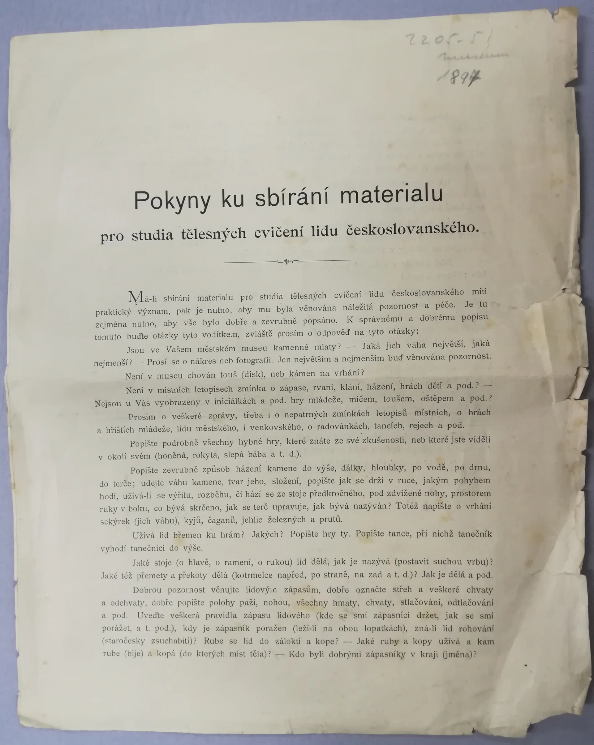 Náhledový obrázek předmětu Pokyny ku sbírání materiálu pro studia tělesných cvičení lidu českoslovanského