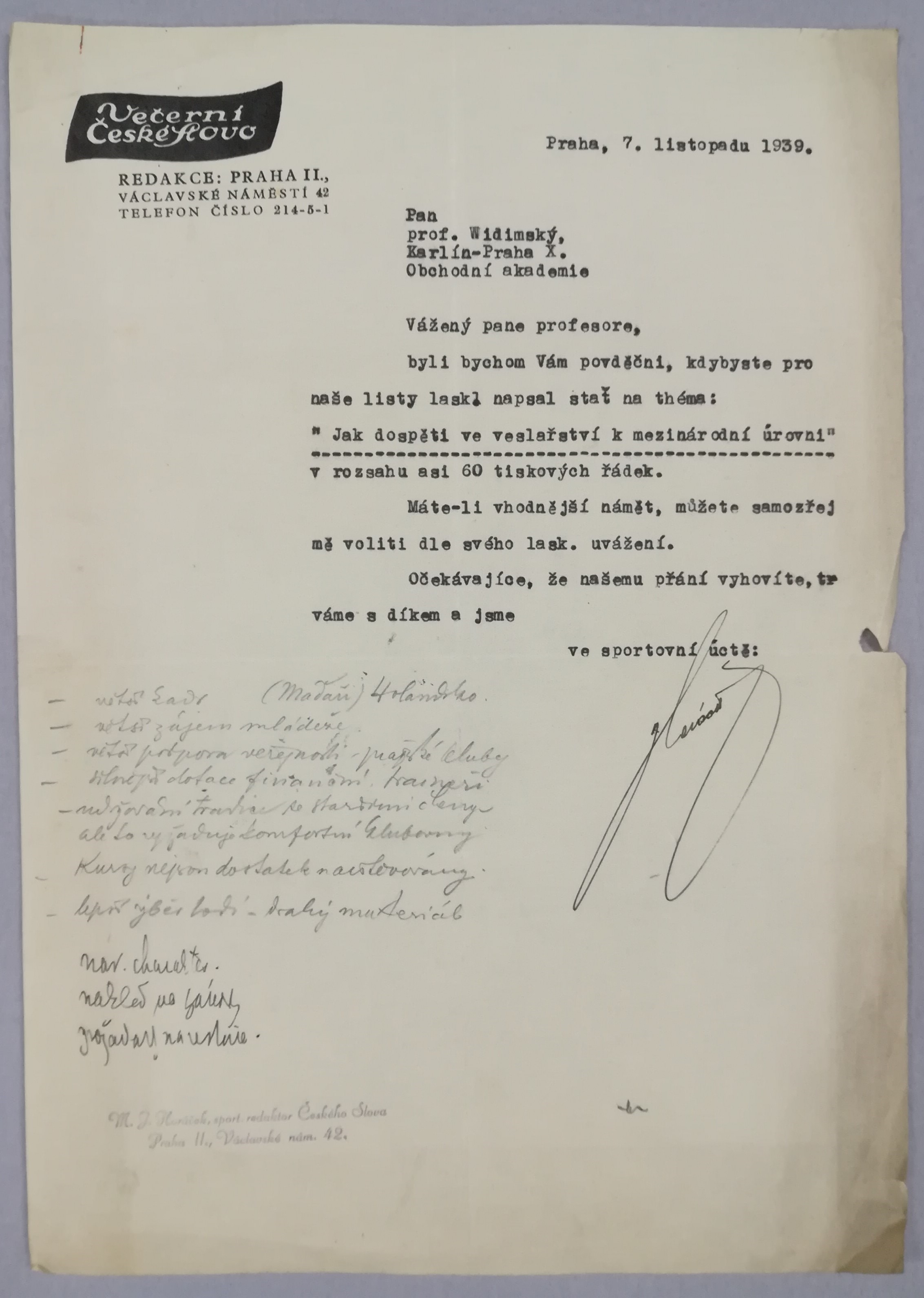 Náhledový obrázek Dopis pro Františka Widimského od redakce Večerního Českého Slova - 1