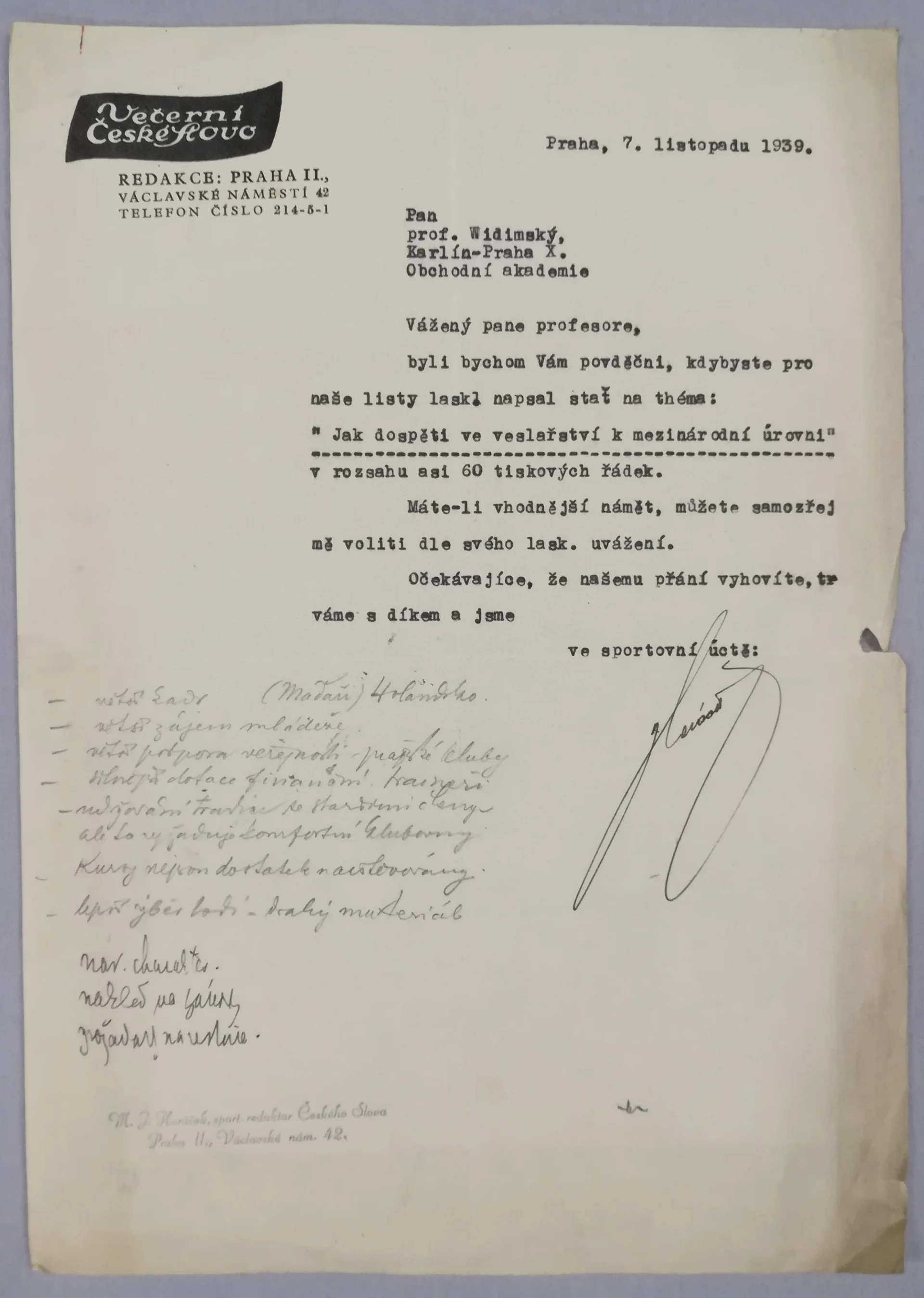 Náhledový obrázek předmětu Dopis pro Františka Widimského od redakce Večerního Českého Slova