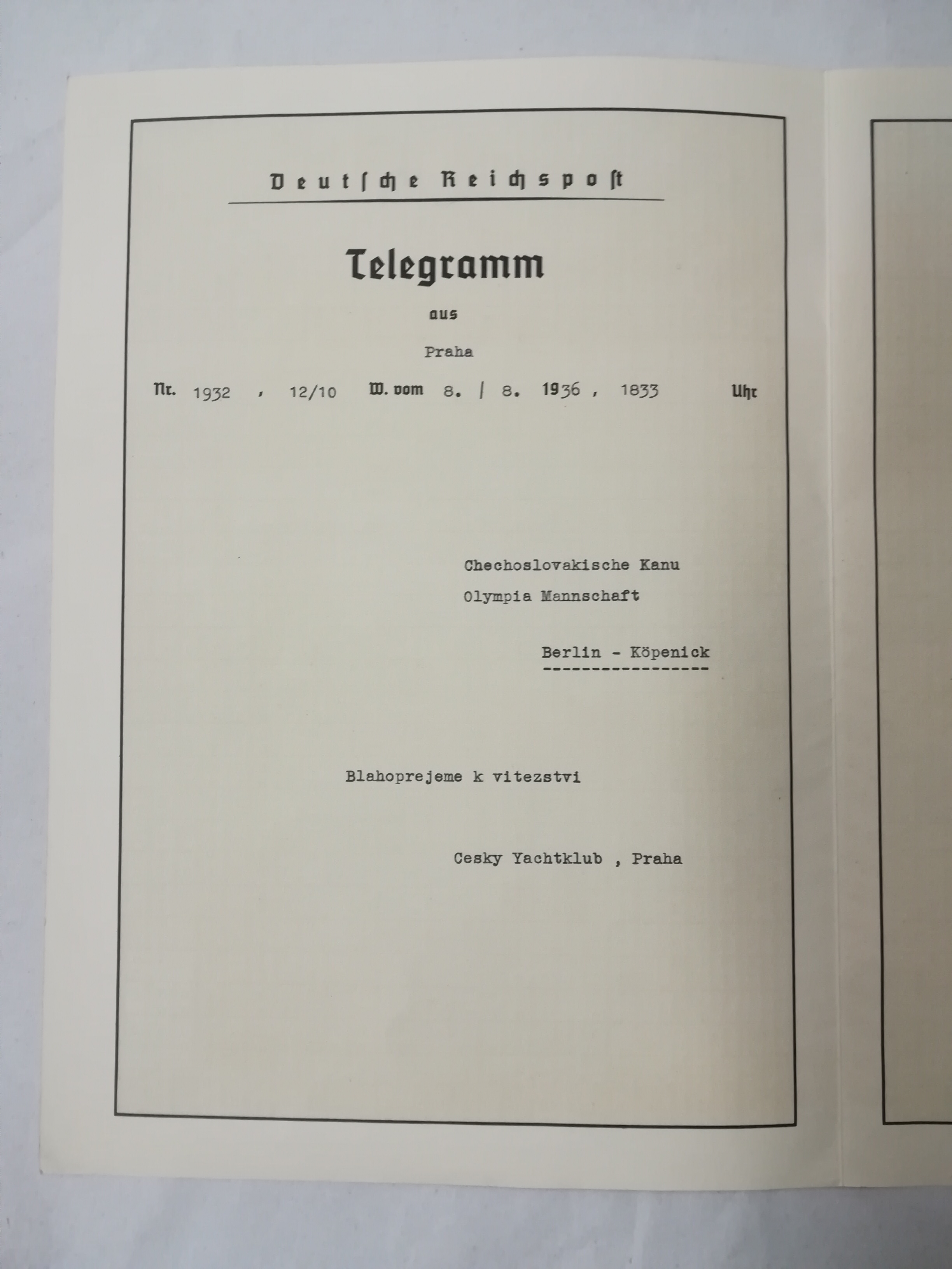 Náhledový obrázek Telegram s gratulací čsl. kanoistům na hrách v Berlíně - 2