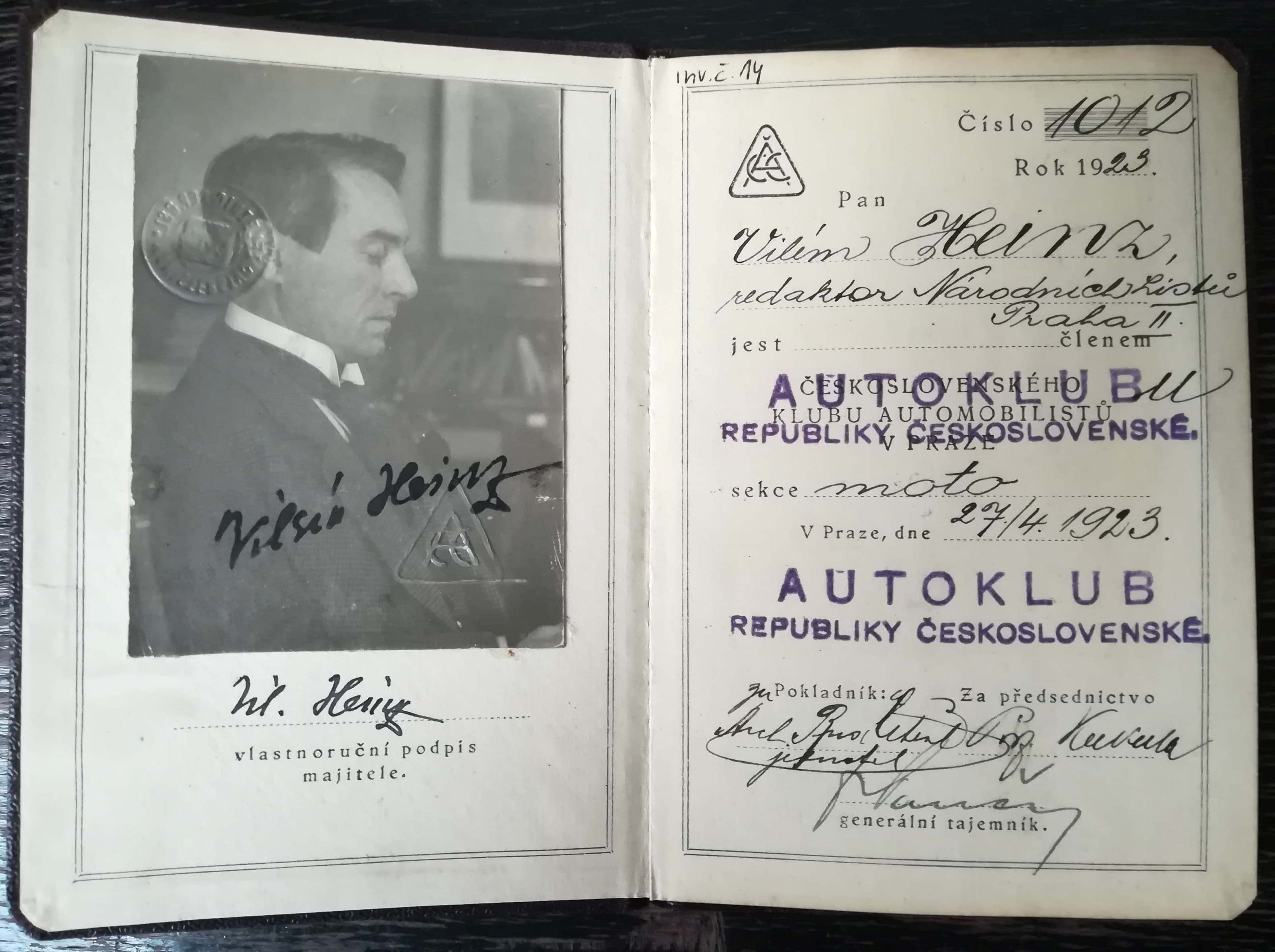 Náhledový obrázek Autoklub RČS. Členský průkaz VIléma Heinze - 1
