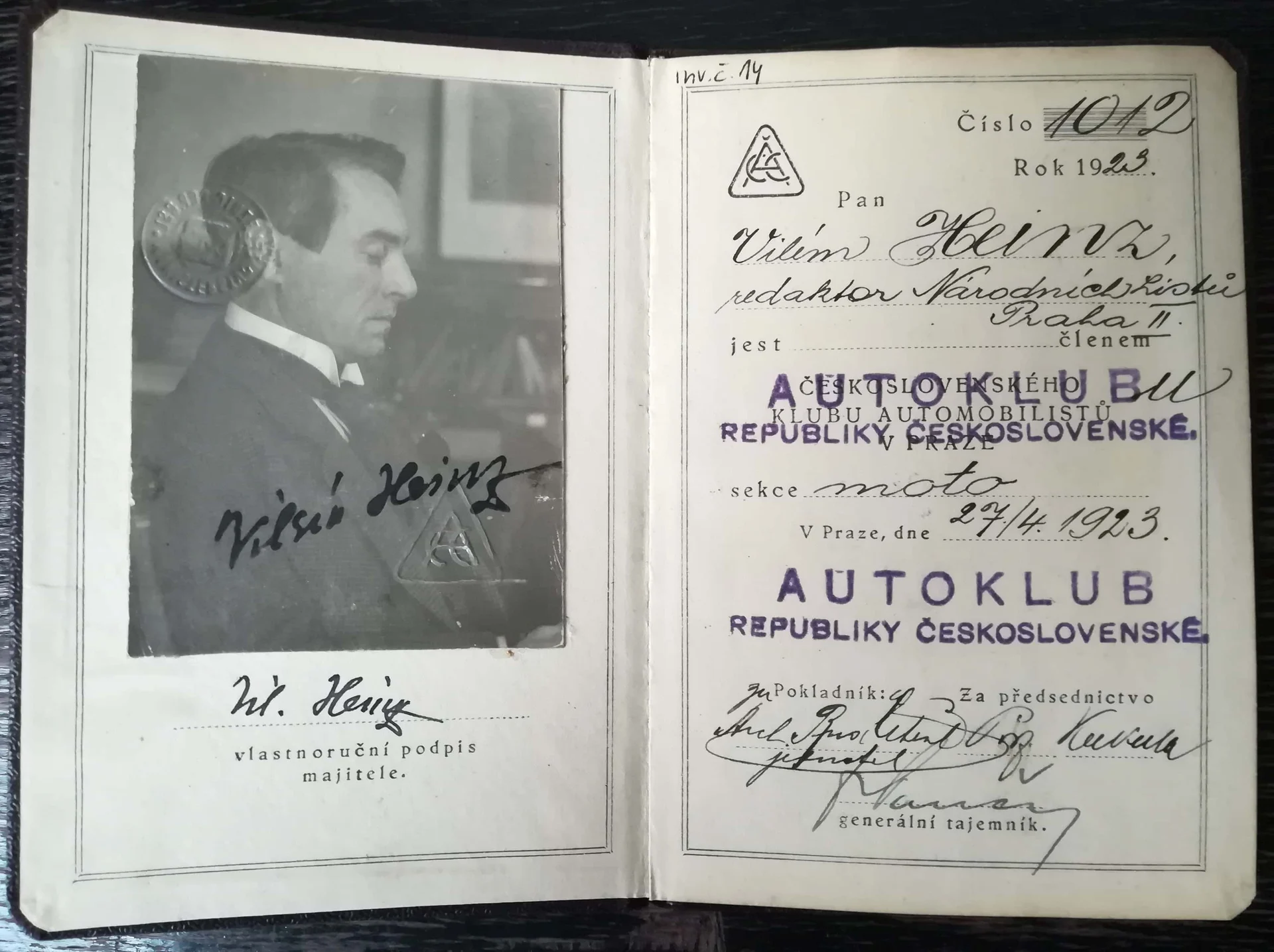 Náhledový obrázek předmětu Autoklub RČS. Členský průkaz VIléma Heinze