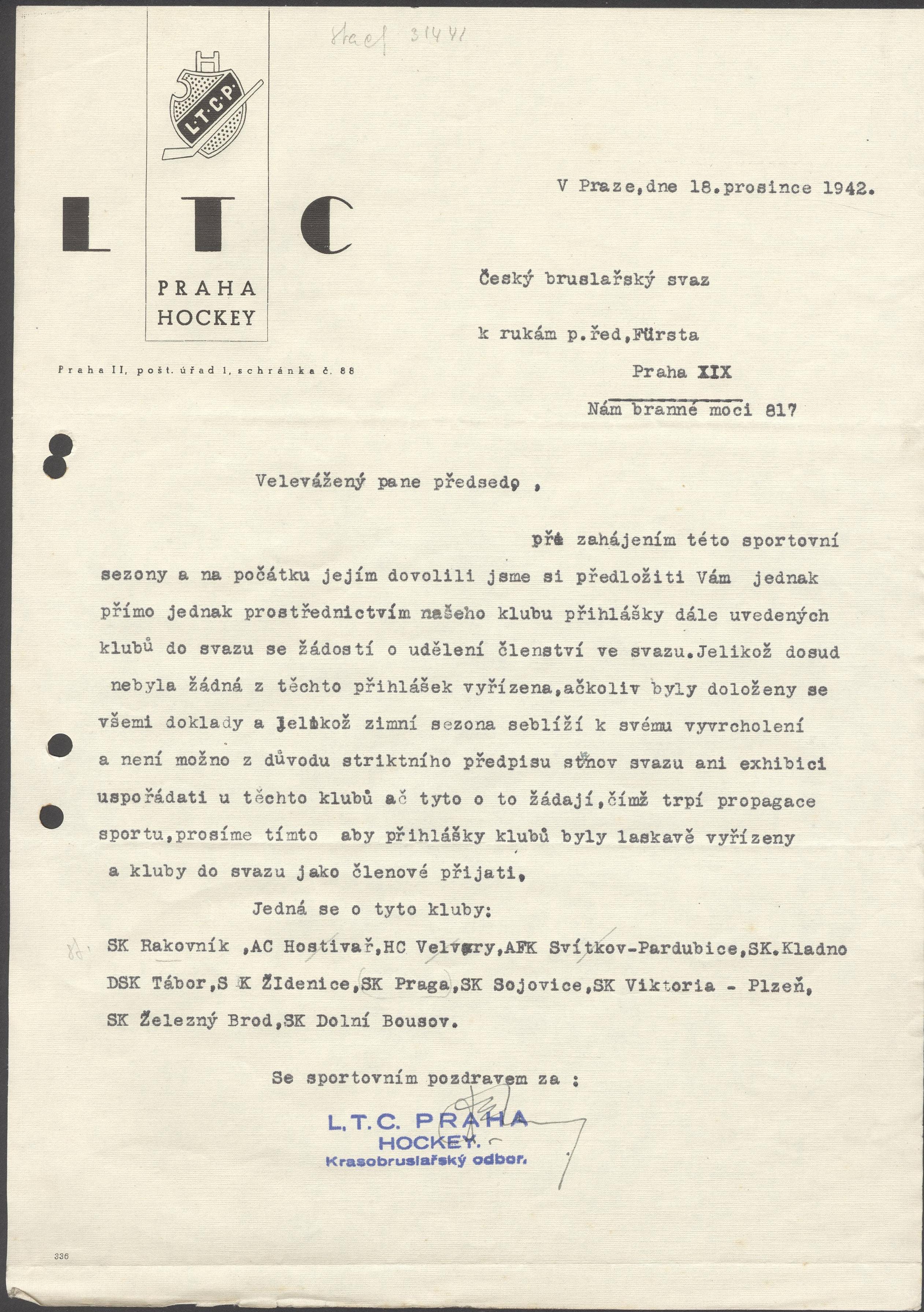Náhledový obrázek Dopis hokejového klubu L.T.C. s přihláškou do Českého bruslařského svazu - 1