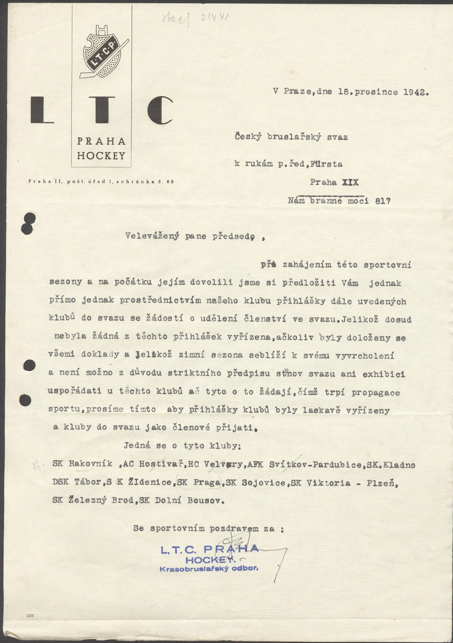 Náhledový obrázek předmětu Dopis hokejového klubu L.T.C. s přihláškou do Českého bruslařského svazu