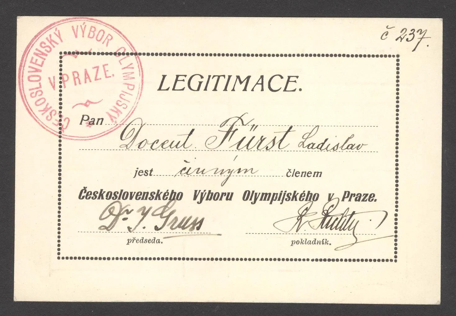 Náhledový obrázek předmětu Legitimace člena ČOV Ladislava Fürsta