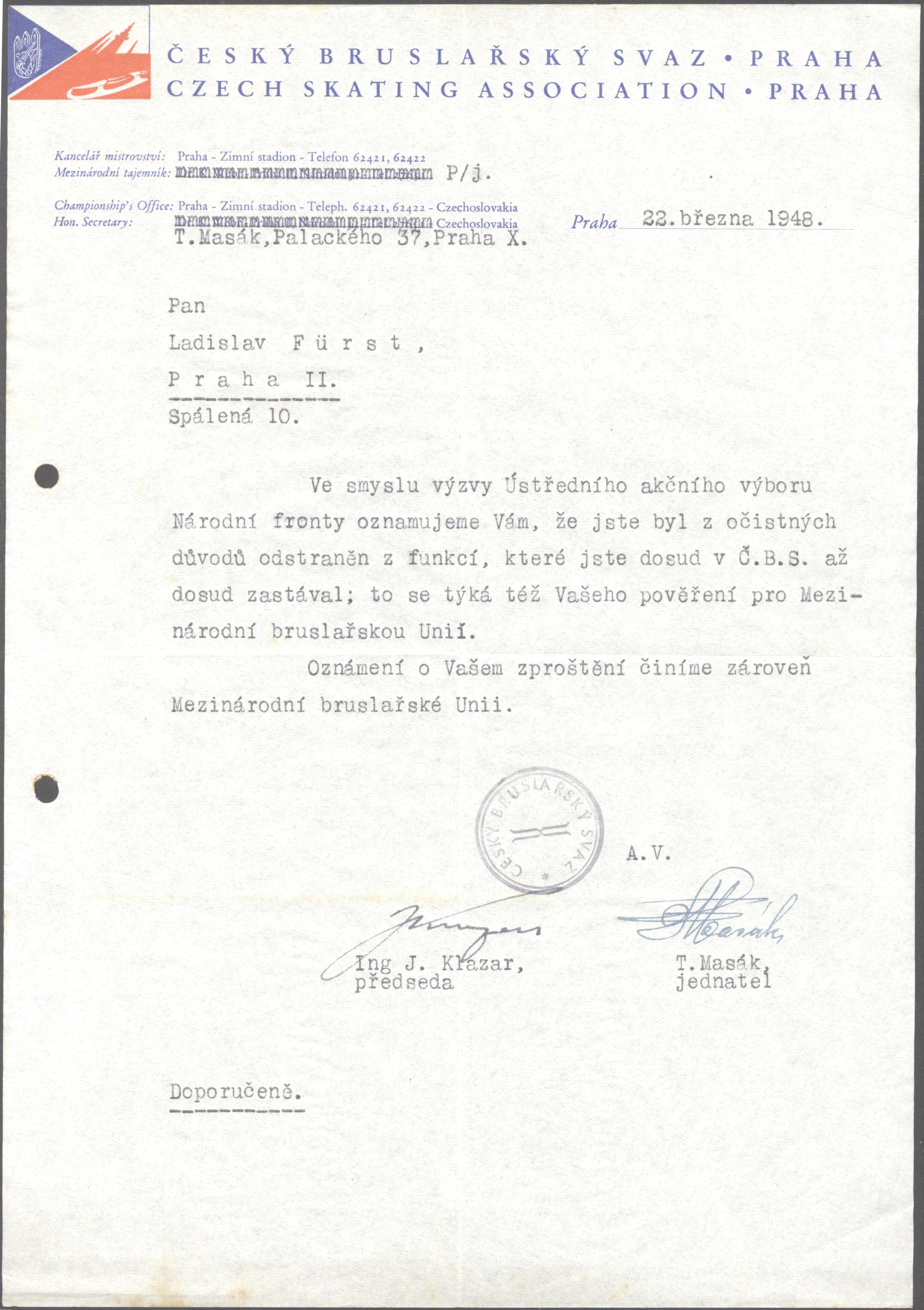 Náhledový obrázek Dopis ČBS Ladislavu Fürstovi - 1