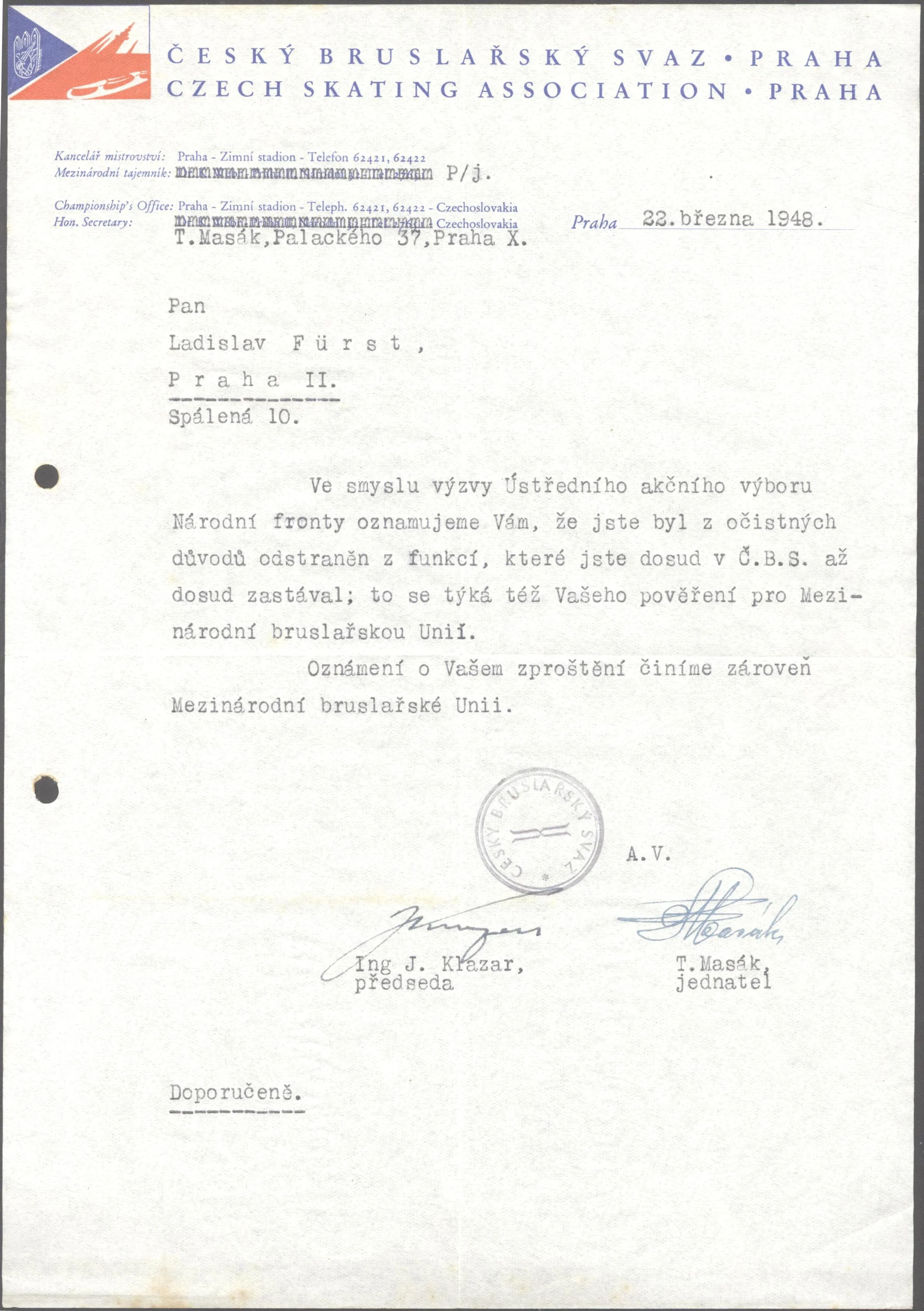 Náhledový obrázek předmětu Dopis ČBS Ladislavu Fürstovi