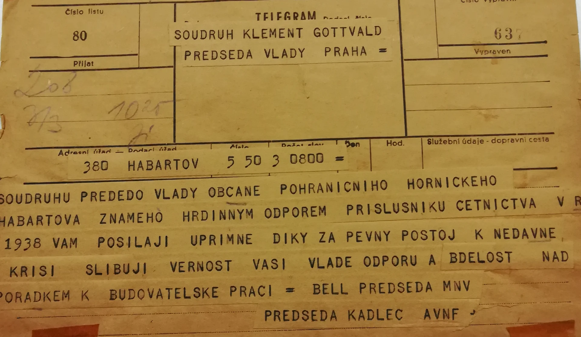 Náhledový obrázek předmětu Vyjádření podpory občanů Habartova vládě K. Gottwalda