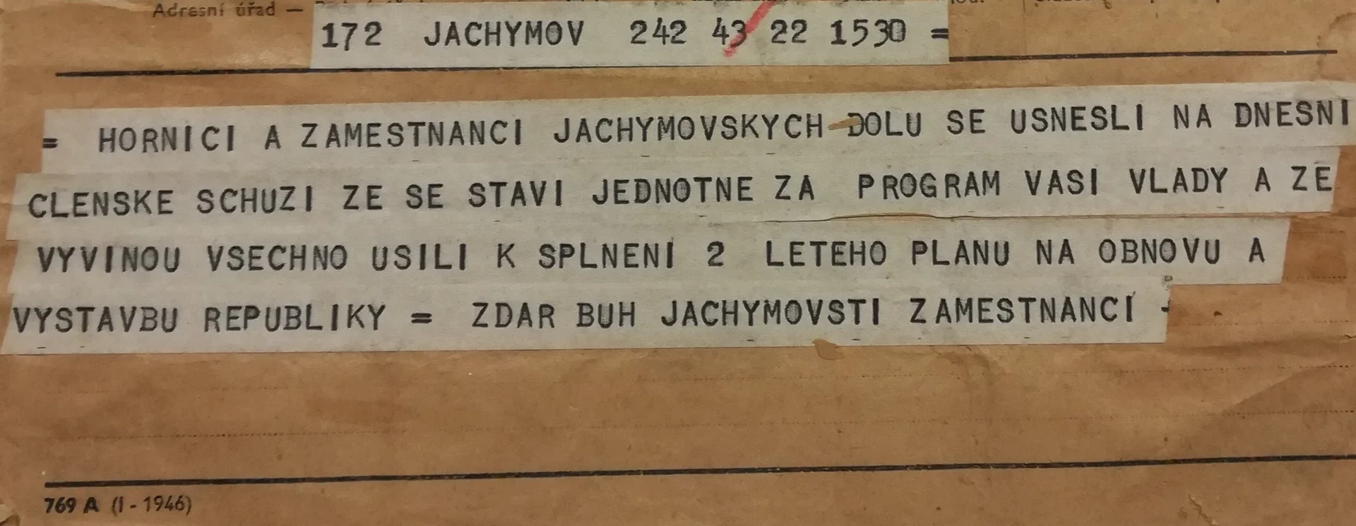 Náhledový obrázek předmětu Vyjádření podpory dvouletému plánu od horníků a zaměstnanců jáchymovských dolů